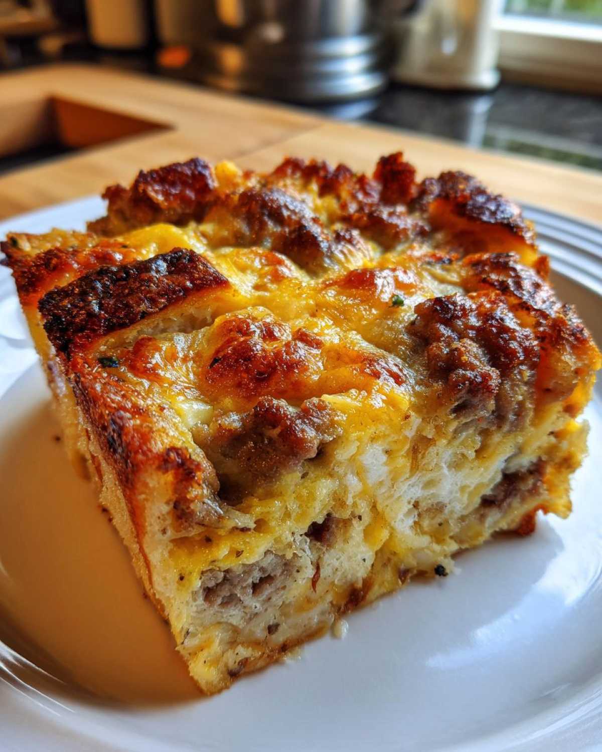 A close-up of a golden brown slice of christmas breakfast casserole with sausage and melted cheese.