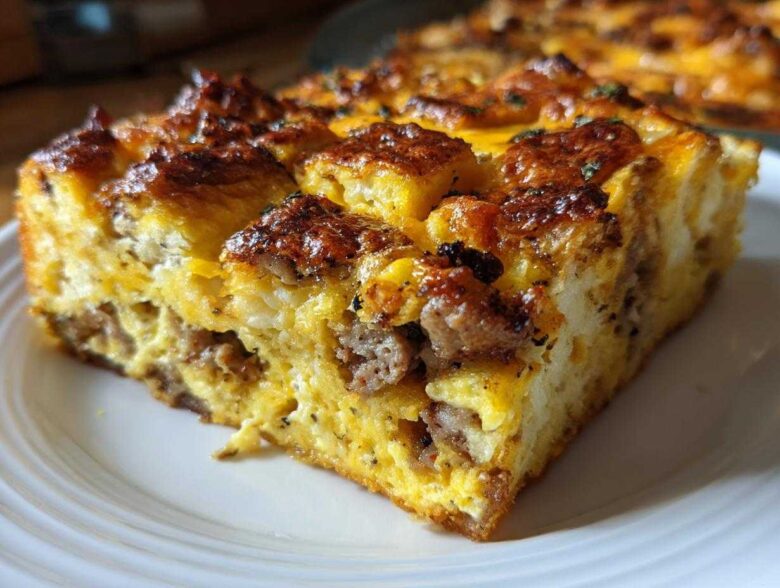A close-up of a hearty slice of christmas breakfast casserole featuring sausage and browned egg topping.