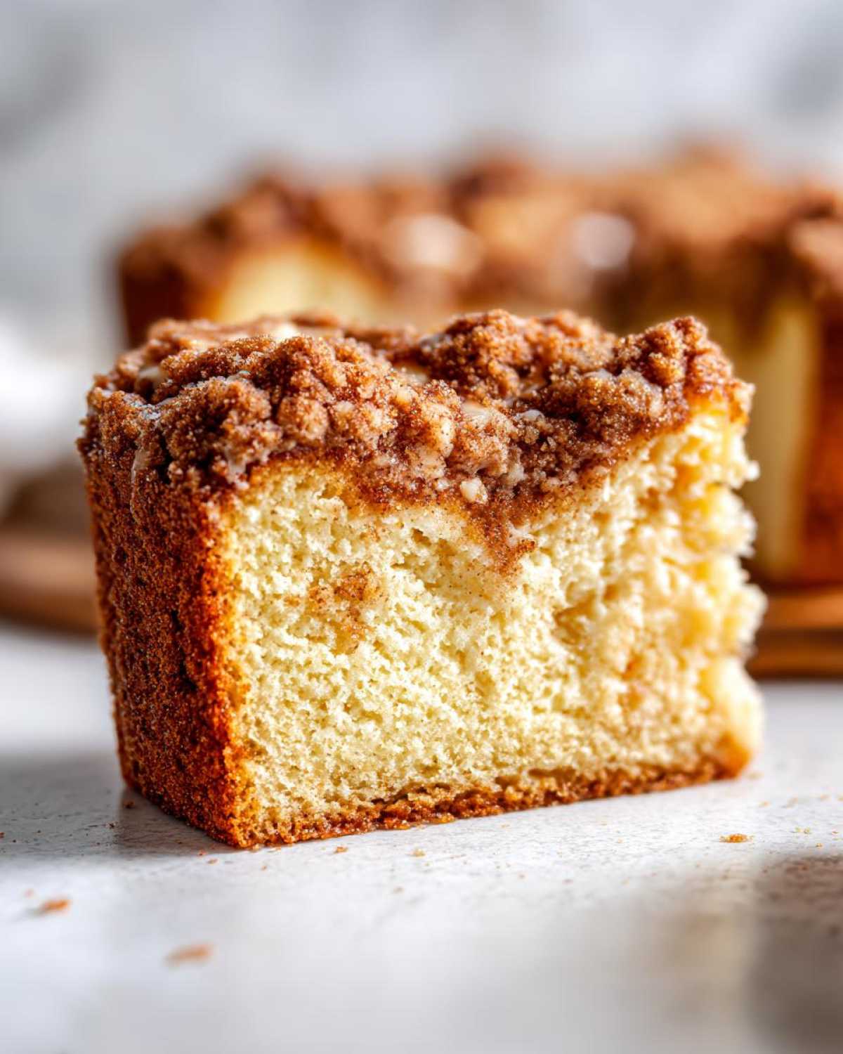Close-up of a moist slice of coffee cake featuring a thick, crumbly cinnamon streusel topping.
