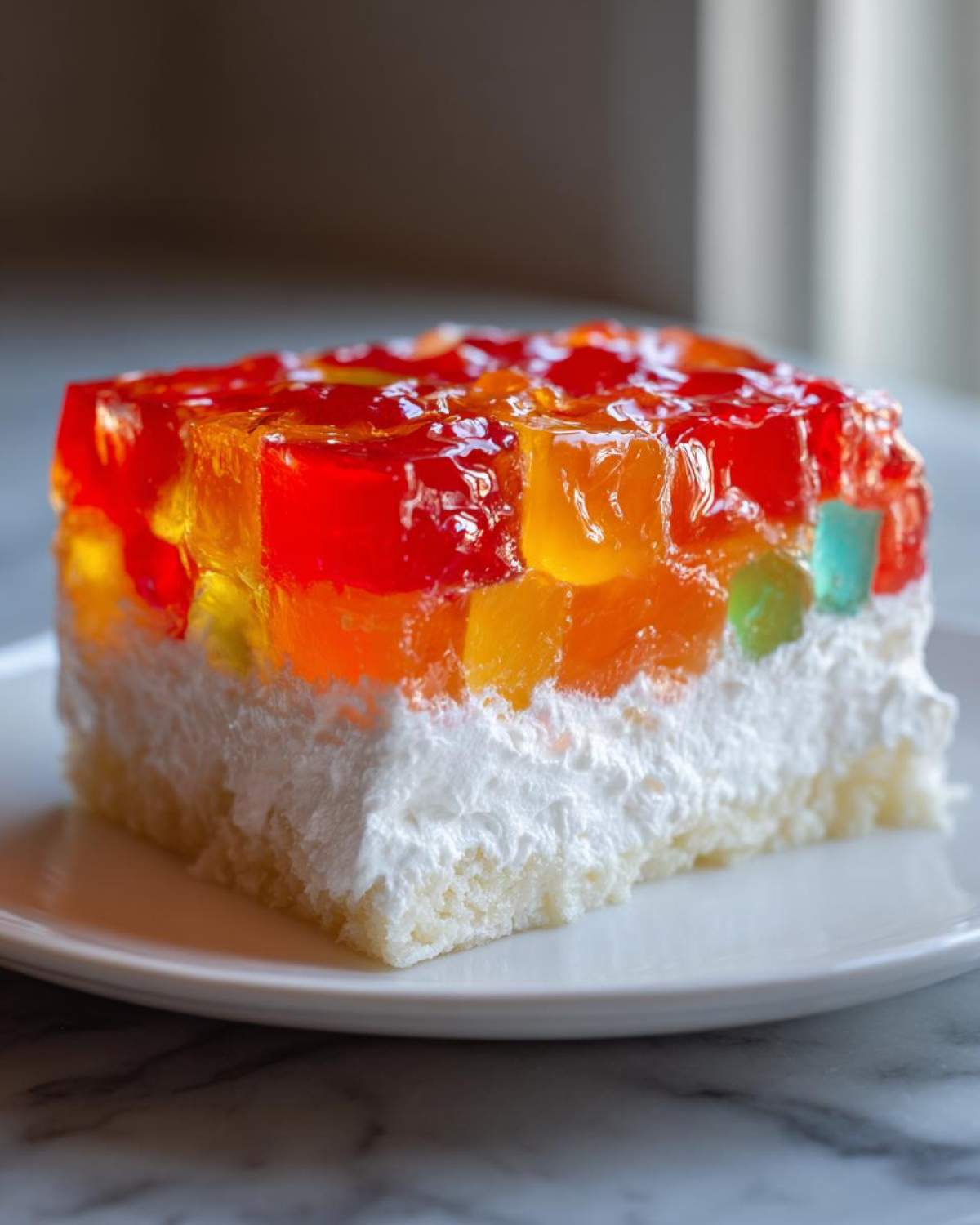 A square slice of moist jello poke cake featuring a white cake base, thick whipped cream, and colorful gelatin cubes on top.