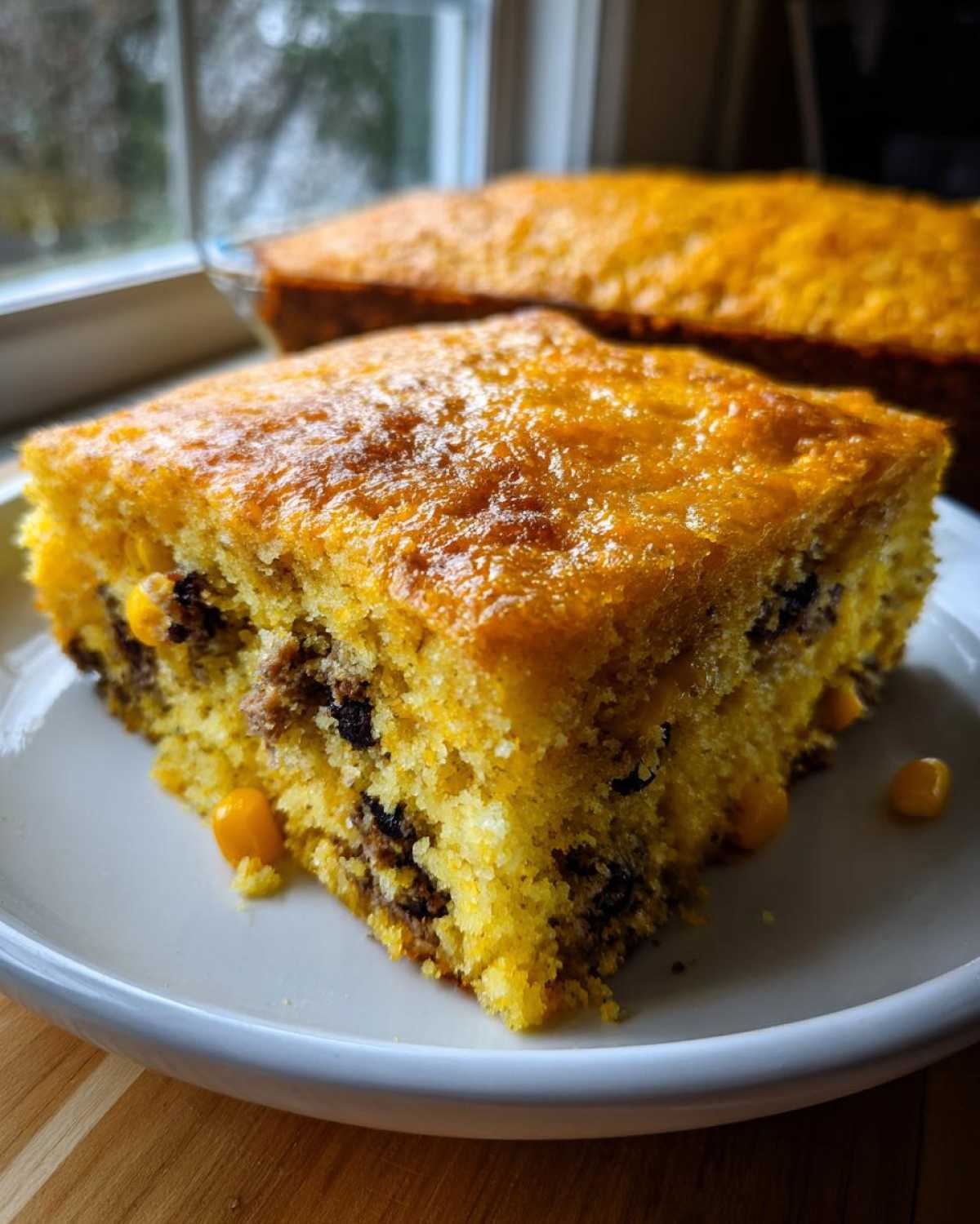 Close-up of a square slice of moist cowboy cornbread casserole showing corn kernels and ground meat filling.
