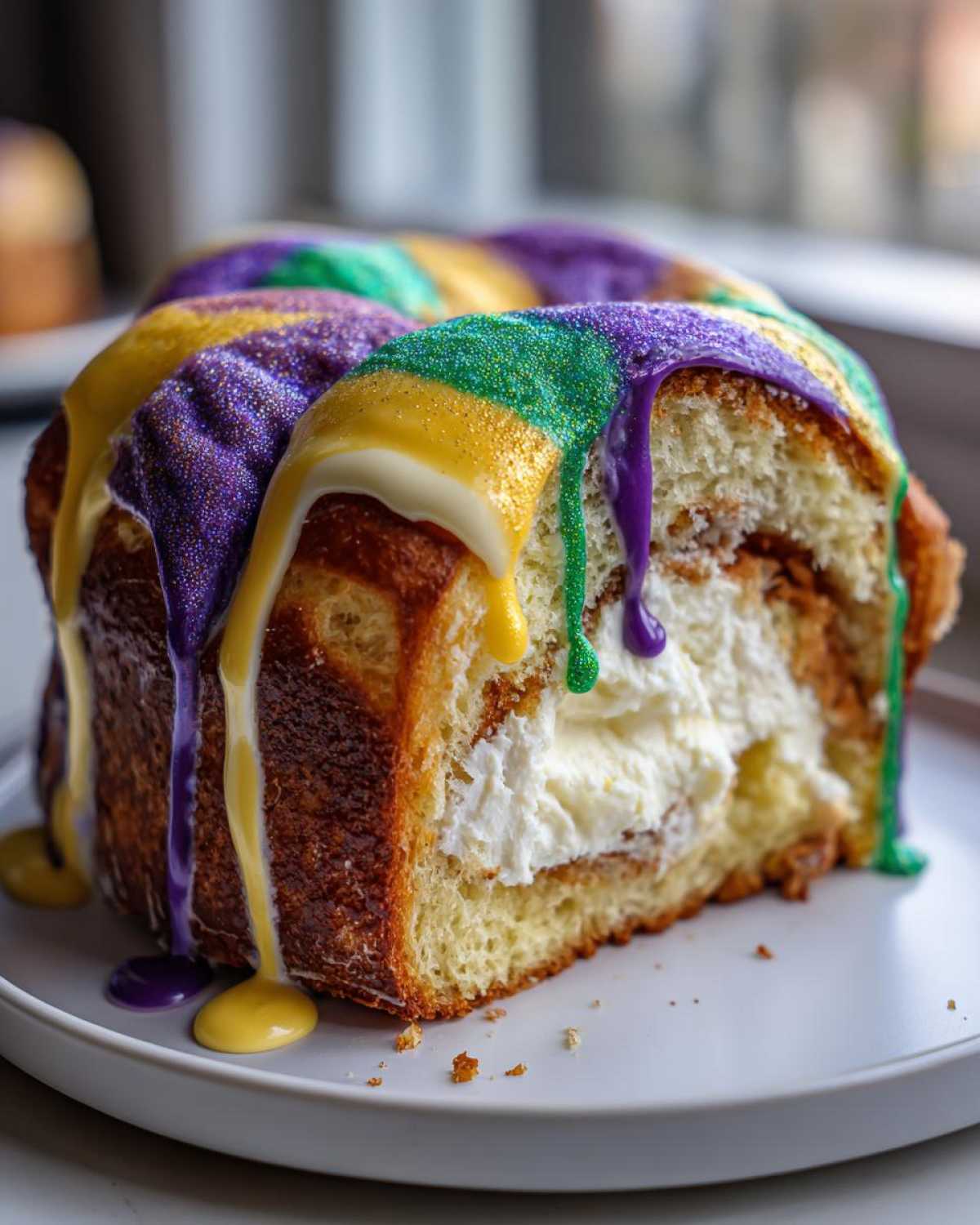 Close-up of a slice of rich king cake filled with cream cheese and topped with purple, green, and yellow Mardi Gras icing.