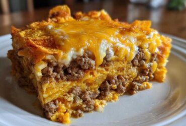 A close-up serving of Dorito Casserole layered with seasoned ground beef and melted cheddar cheese.