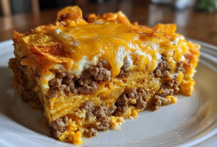 A close-up serving of Dorito Casserole layered with seasoned ground beef and melted cheddar cheese.