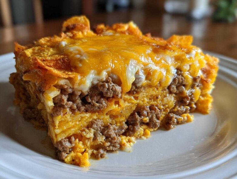A close-up serving of Dorito Casserole layered with seasoned ground beef and melted cheddar cheese.