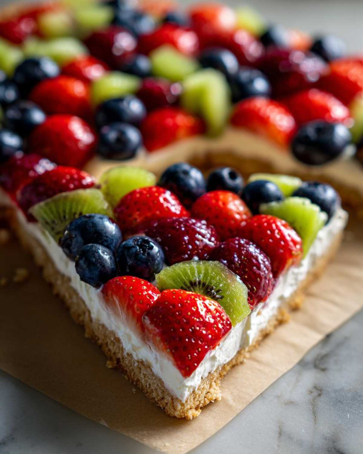 Close-up of a slice of fruit pizza sugar cookie topped with fresh strawberries, blueberries, and kiwi.