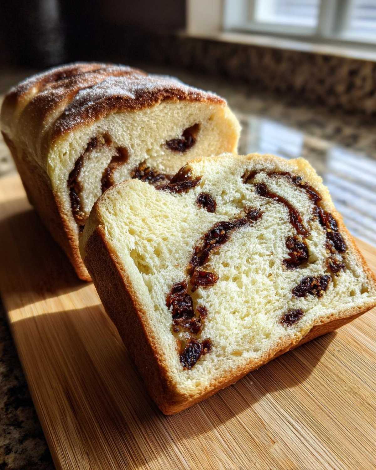 A thick slice of homemade raisin bread showing a beautiful cinnamon-raisin swirl texture.