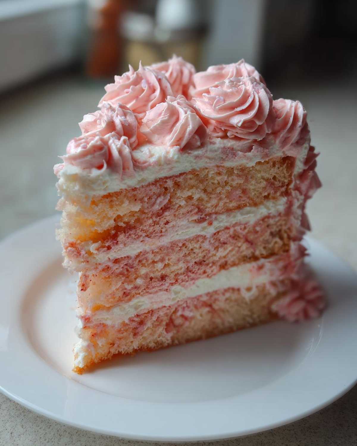 A tall slice of layered rose cake featuring pink-swirled sponge and white filling, topped with pink buttercream rosettes.
