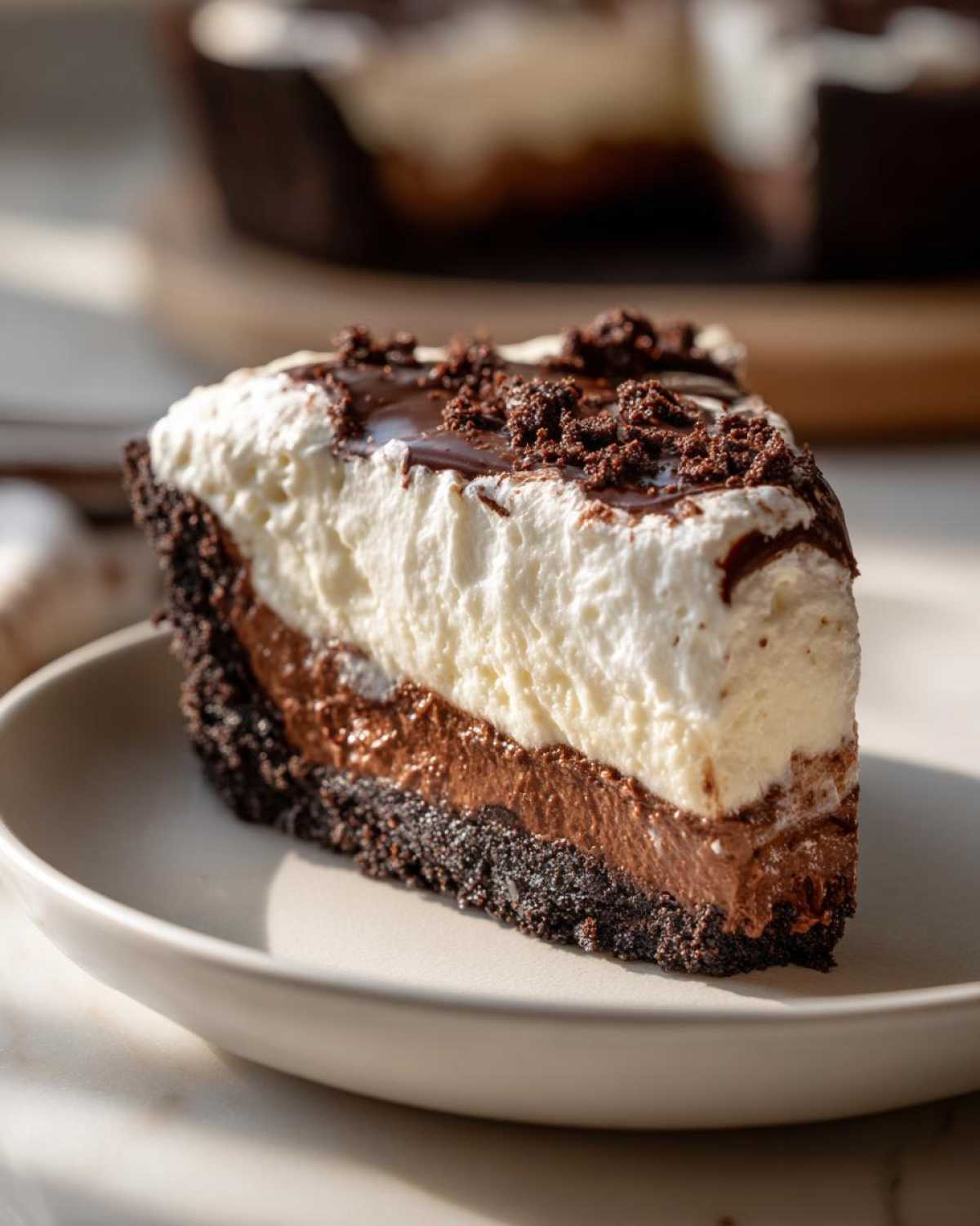 A perfect slice of 4-layer mud pie showing a dark crust, chocolate filling, white cream layer, and chocolate drizzle.