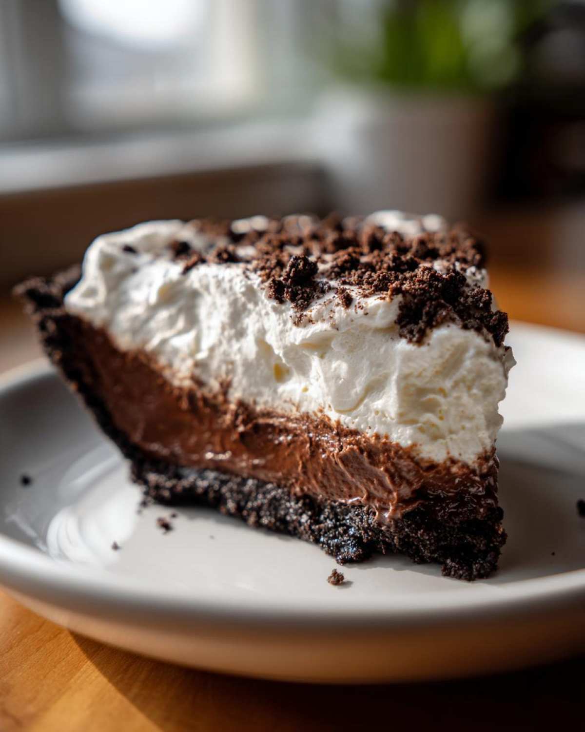 A close-up slice of 4-layer mud pie featuring a dark crust, chocolate filling, whipped cream, and cookie crumbs.
