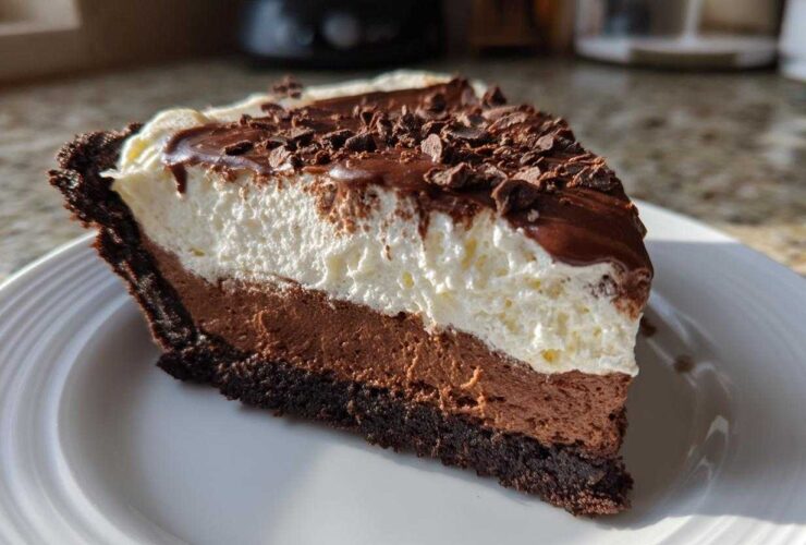 A close-up slice of a 4-layer mud pie showing chocolate crust, mousse, whipped cream, and chocolate shavings.