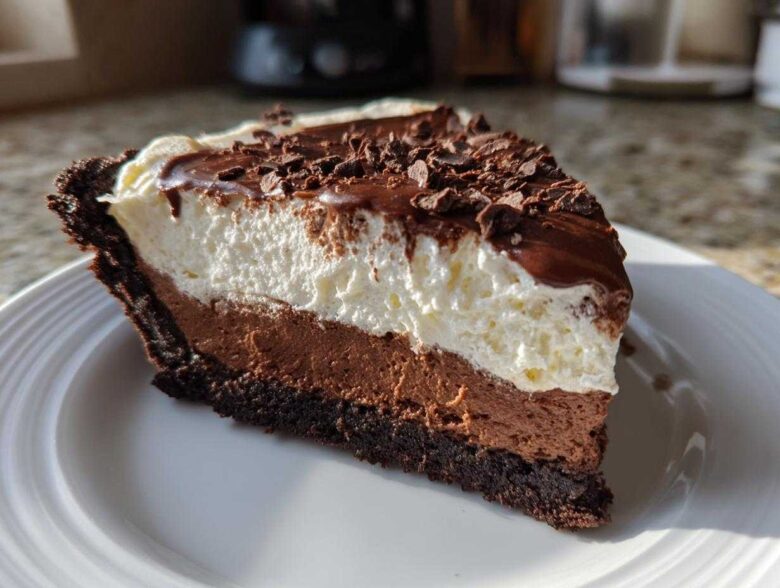 A close-up slice of a 4-layer mud pie showing chocolate crust, mousse, whipped cream, and chocolate shavings.