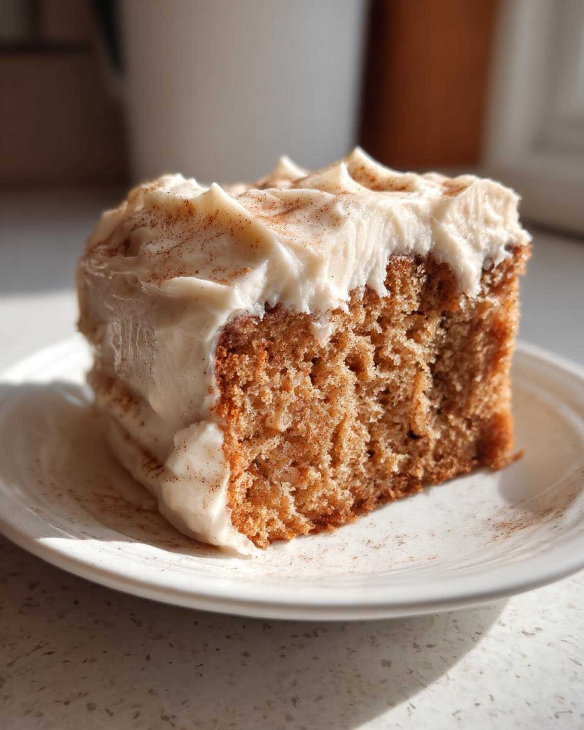 A moist slice of applesauce cake topped with thick white frosting and sprinkled with cinnamon.