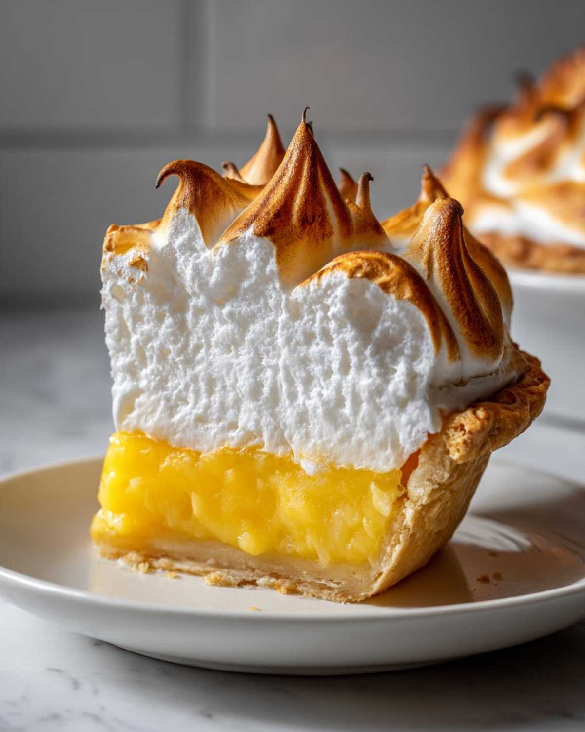 Close-up of a thick slice of lemon meringue pie showing bright yellow filling and towering, toasted meringue.
