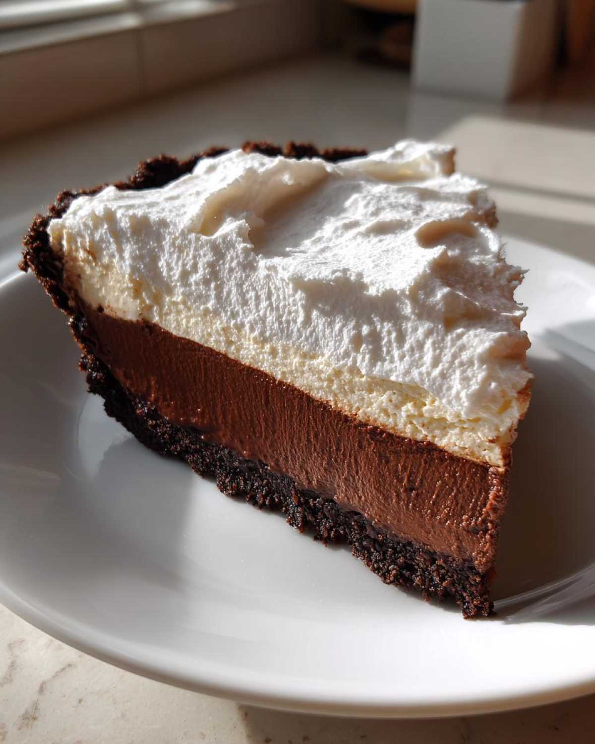 A perfect slice of rich, multi-layered mud pie featuring a dark crust, chocolate filling, and thick whipped topping.