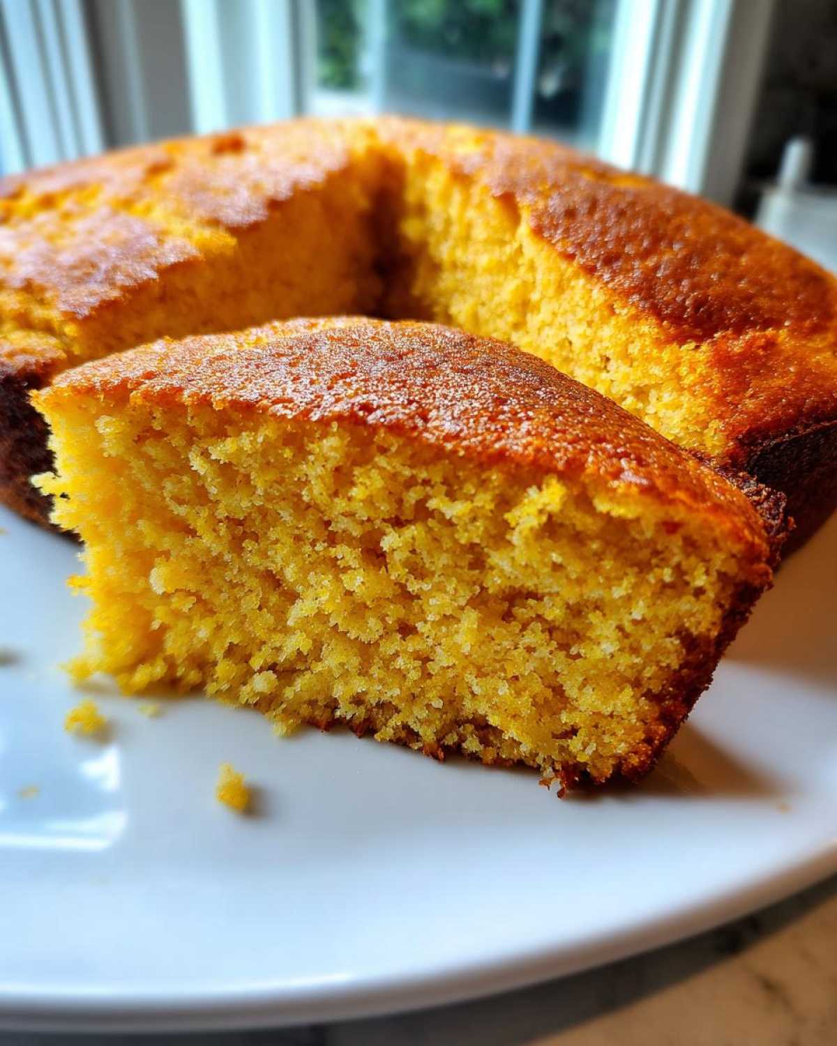 Close-up of a moist slice of golden skillet cornbread showing its crumb texture and crispy crust.