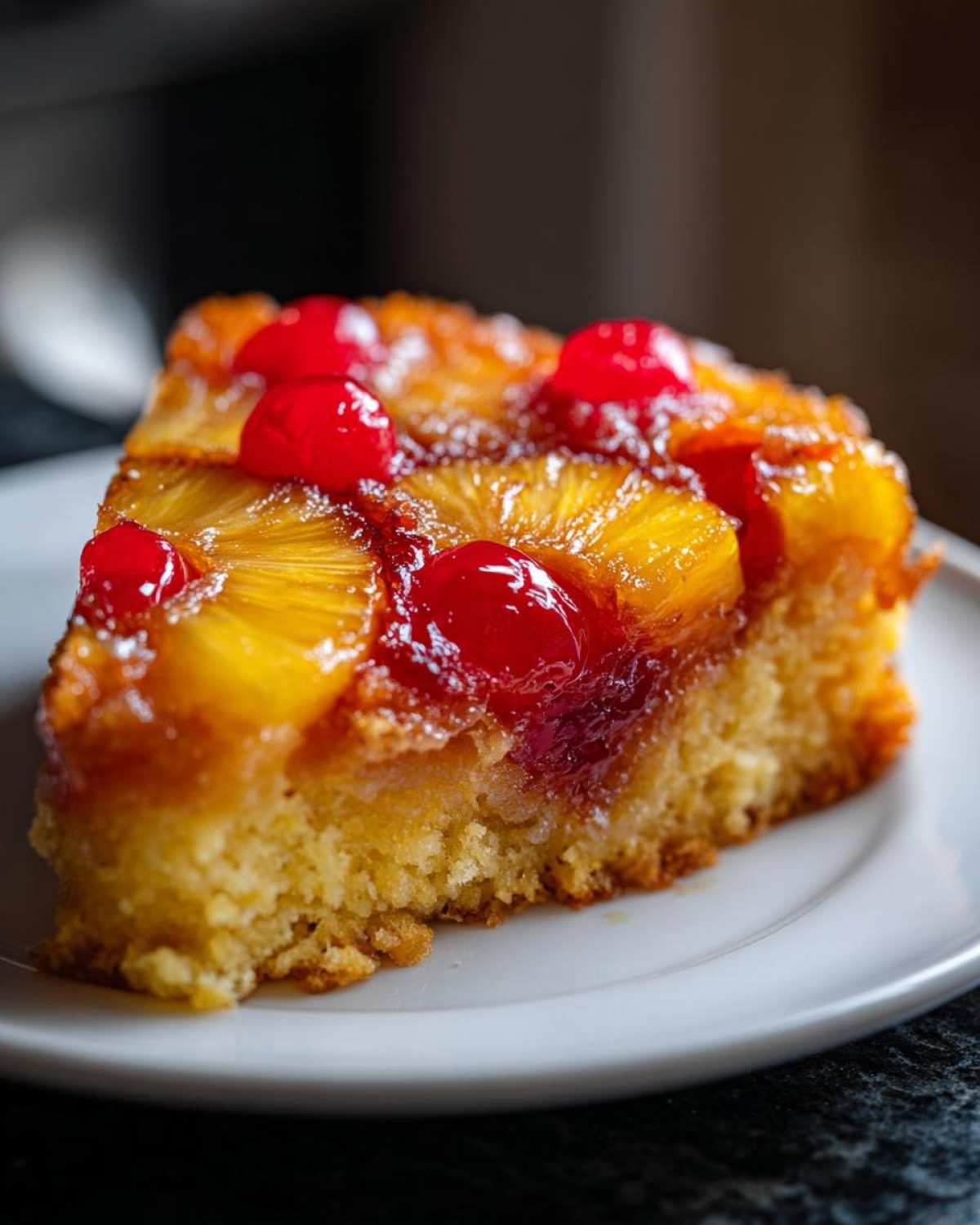 Close-up of a moist slice of pineapple upside down cake topped with caramelized pineapple rings and bright red maraschino cherries.