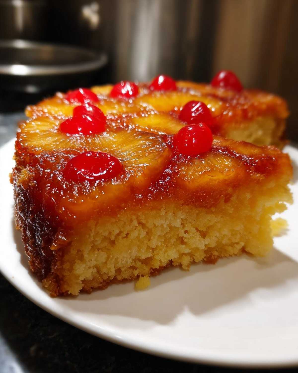 Close-up of a moist slice of pineapple upside down cake topped with caramelized pineapple rings and bright red maraschino cherries.
