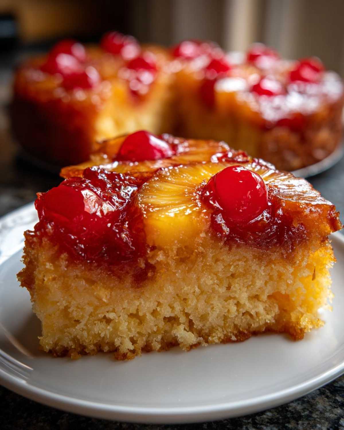 A close-up slice of moist pineapple upside down cake topped with caramelized pineapple and bright red maraschino cherries.