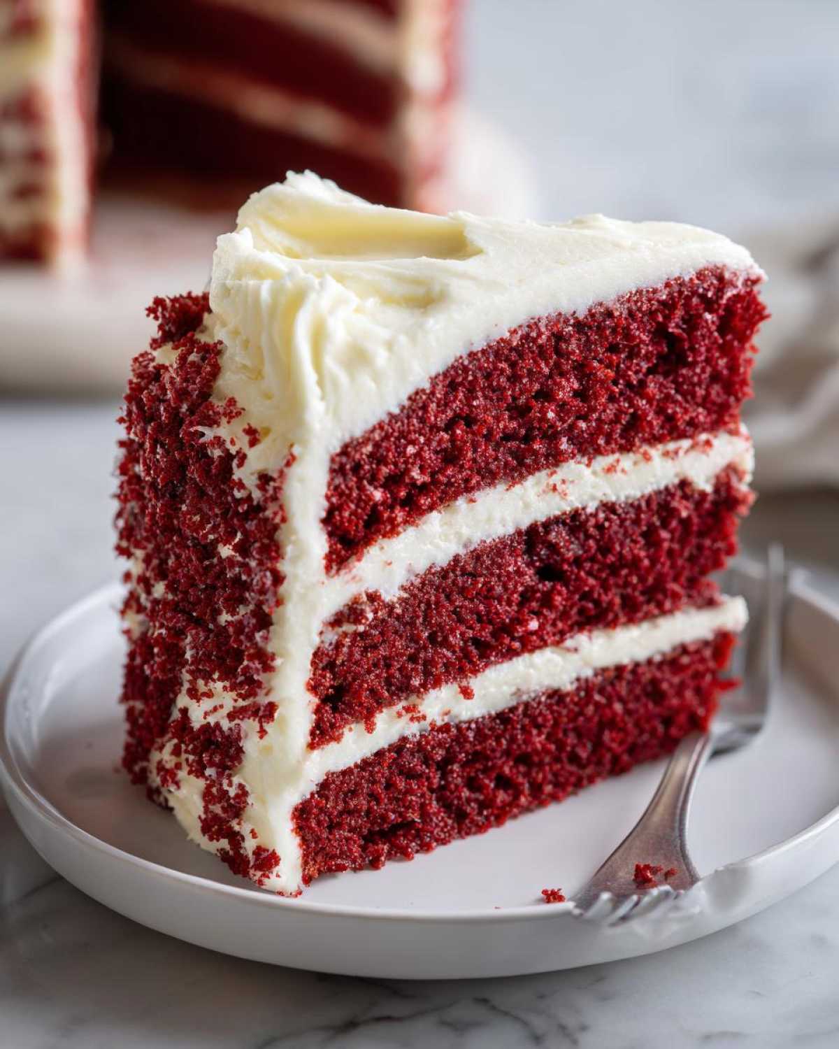 A tall, moist slice of red velvet cake with three layers and thick cream cheese frosting, served on a white plate.