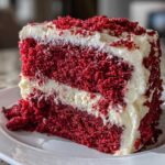 A tall slice of rich, moist red velvet cake layered with thick cream cheese frosting and topped with red cake crumbs.