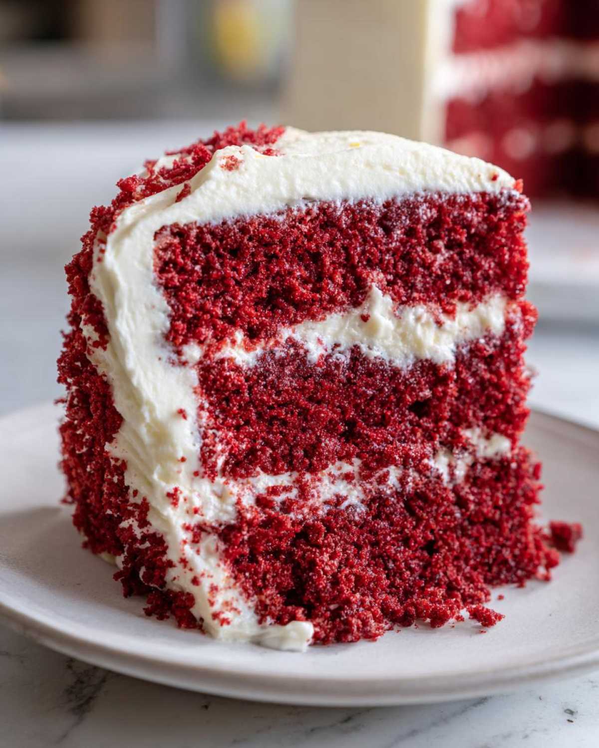 Close-up of a tall slice of rich red velvet cake layered with thick white cream cheese frosting.