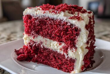 A tall slice of rich, moist red velvet cake layered with thick cream cheese frosting and topped with red cake crumbs.