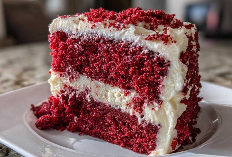 A tall slice of rich, moist red velvet cake layered with thick cream cheese frosting and topped with red cake crumbs.