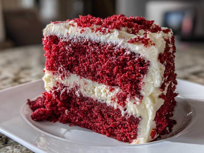 A tall slice of rich, moist red velvet cake layered with thick cream cheese frosting and topped with red cake crumbs.
