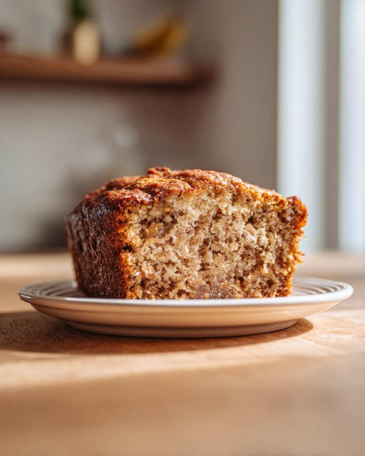 Close-up of a thick slice of moist sugar free banana bread with a golden-brown crust, served on a small white plate.
