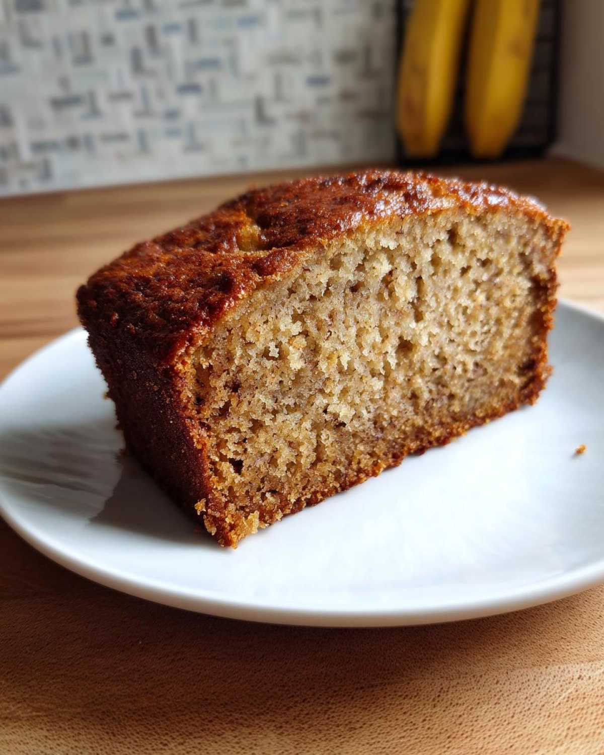 Close-up of a thick slice of moist sugar free banana bread on a white plate.