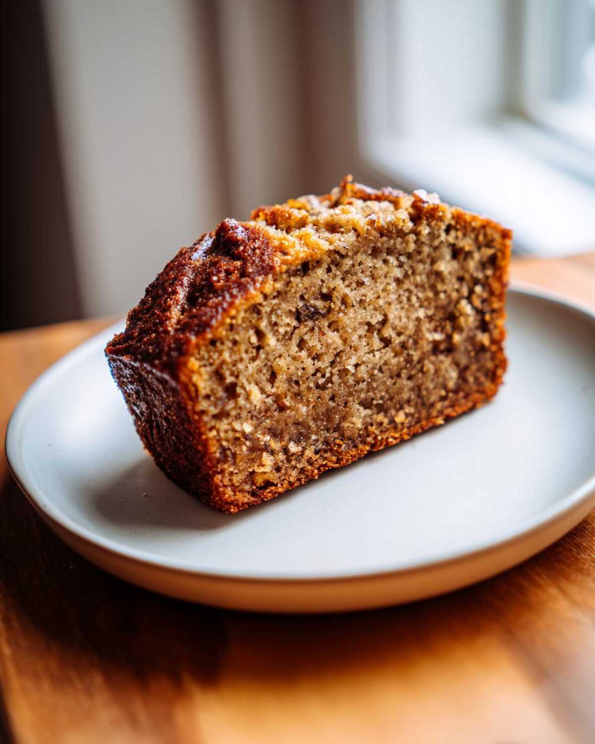 Close-up of a moist slice of sugar free banana bread served on a small white plate.