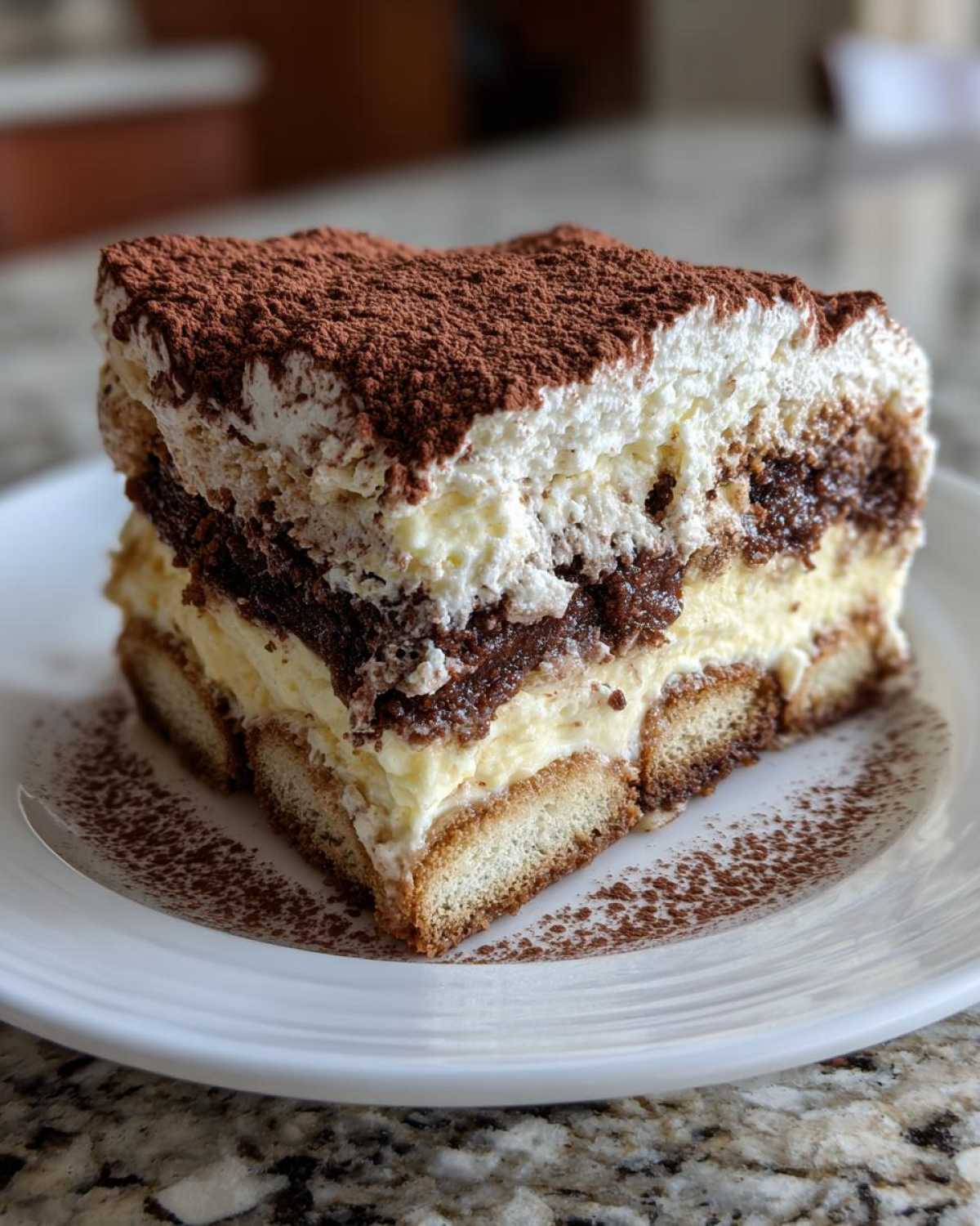 A decadent slice of tiramisu cheesecake showing layers of cream, coffee-soaked cake/ladyfingers, and heavy cocoa powder topping.