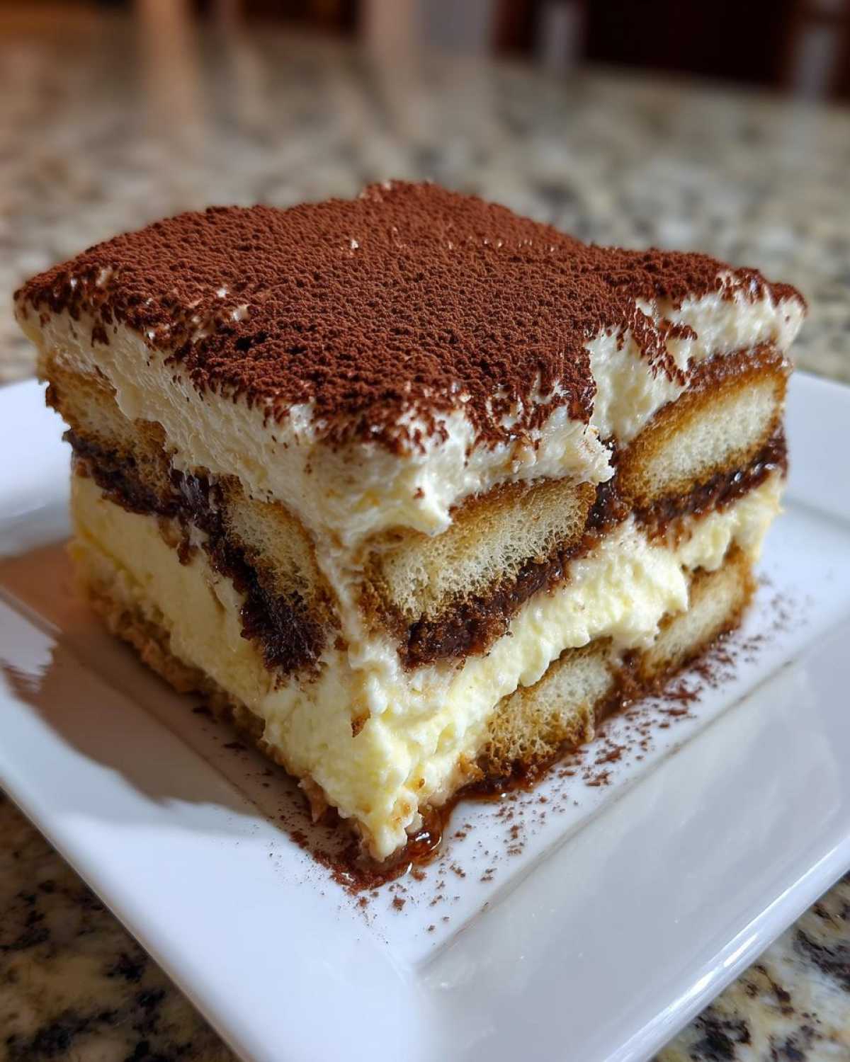 A decadent slice of tiramisu cheesecake layered with ladyfingers, cream, and dusted heavily with cocoa powder.