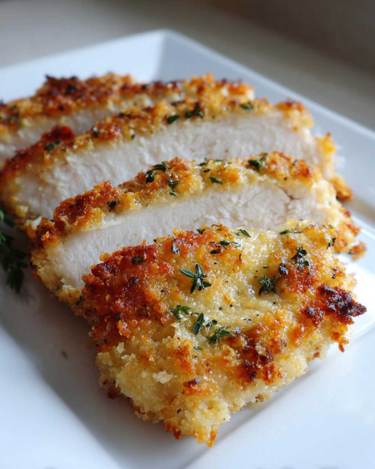 Close-up of sliced parmesan crusted chicken showing a juicy white interior and a golden, crispy crust garnished with herbs.