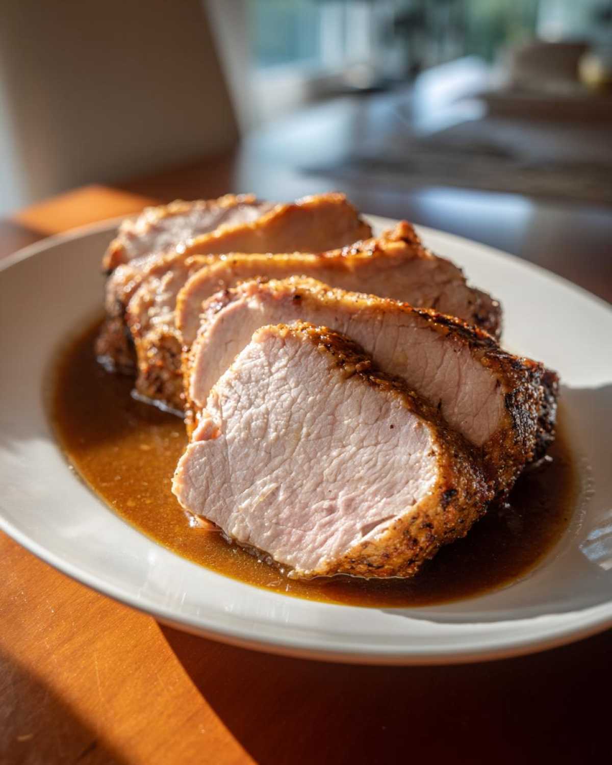 Slices of juicy, perfectly cooked pork loin roast resting in pan juices on a white plate.