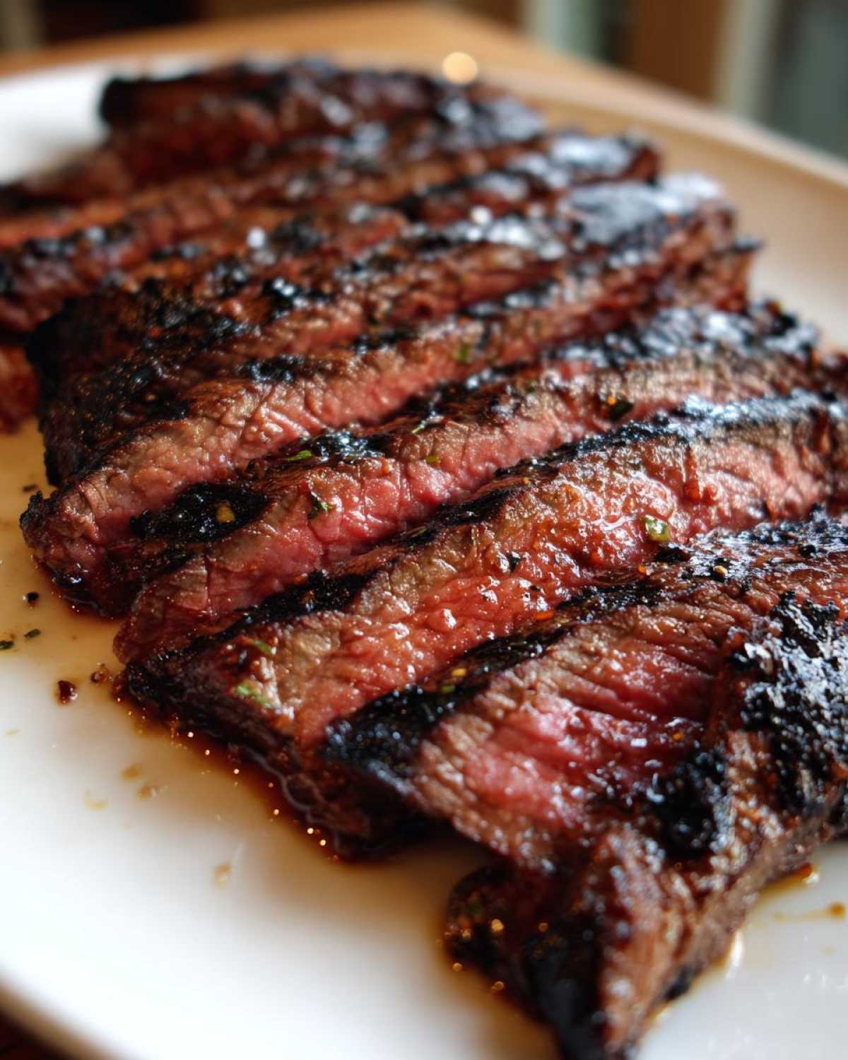 Close-up of perfectly grilled and sliced steak showing a medium-rare interior, likely prepared with a carne asada marinade.