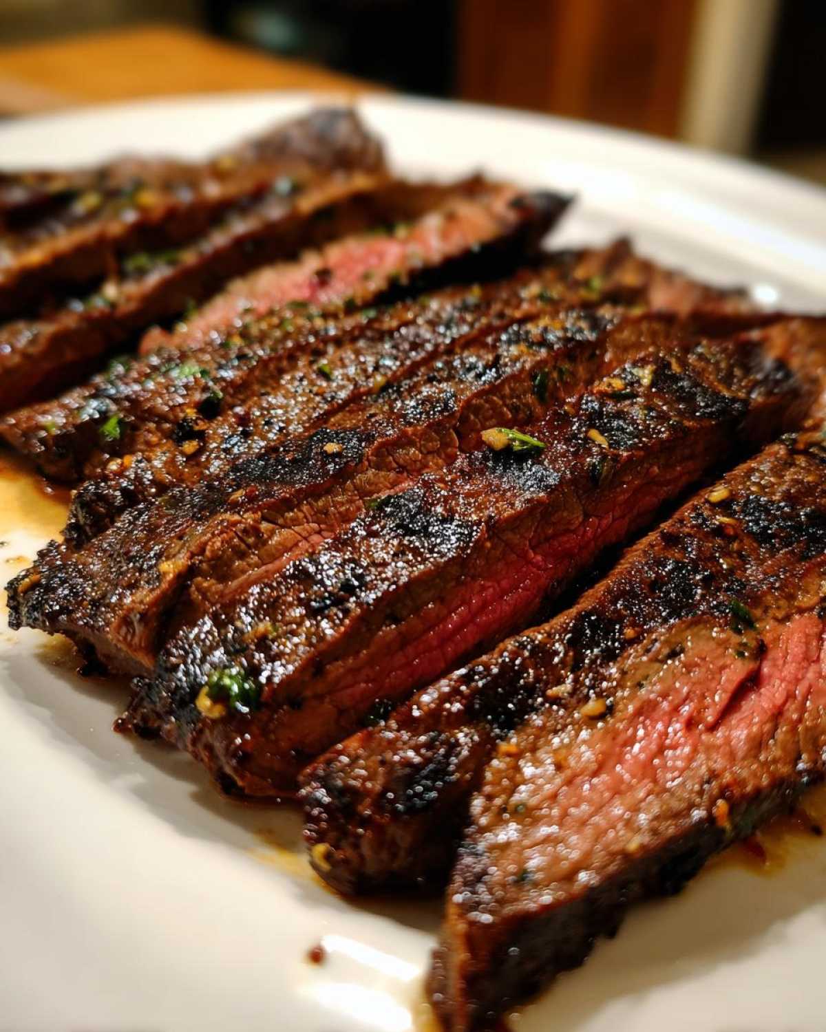 Close-up of medium-rare sliced steak showing char marks, seasoned from the carne asada marinade.