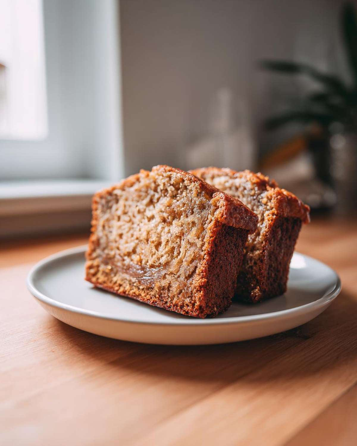Two moist slices of sugar free banana bread resting on a small white plate on a wooden surface.