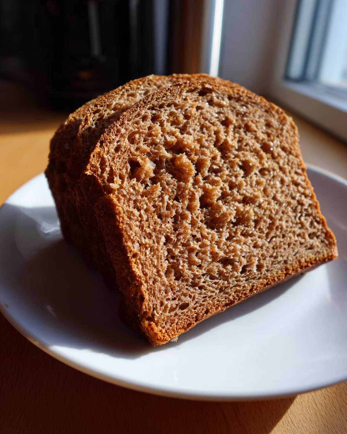 Two thick slices of rich, brown whole wheat bread resting on a white plate, catching bright sunlight.