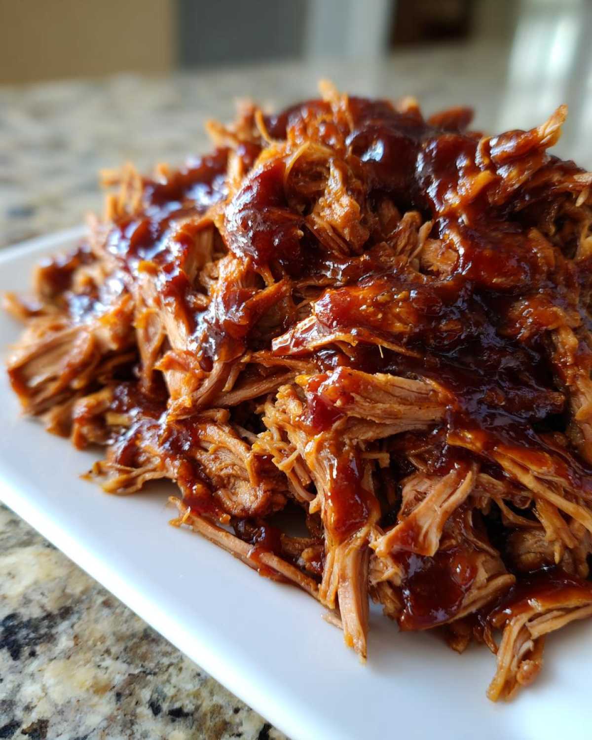 Close-up of tender, shredded Slow cooker pulled pork drenched in rich, dark BBQ sauce on a white plate.