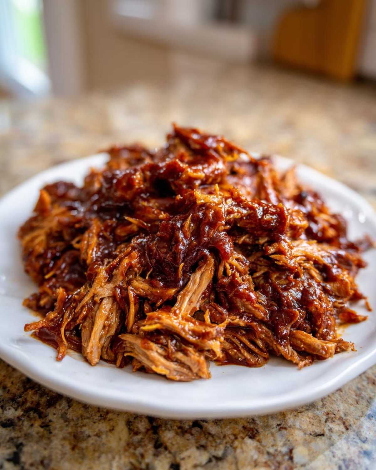 A close-up of tender, shredded Slow cooker pulled pork coated in rich barbecue sauce, served on a white plate.