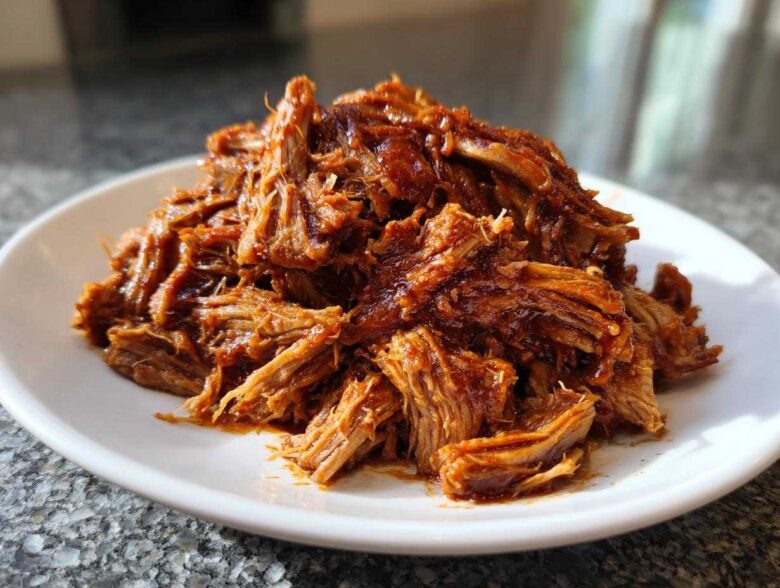 A close-up of perfectly shredded, saucy Slow cooker pulled pork piled high on a white plate.