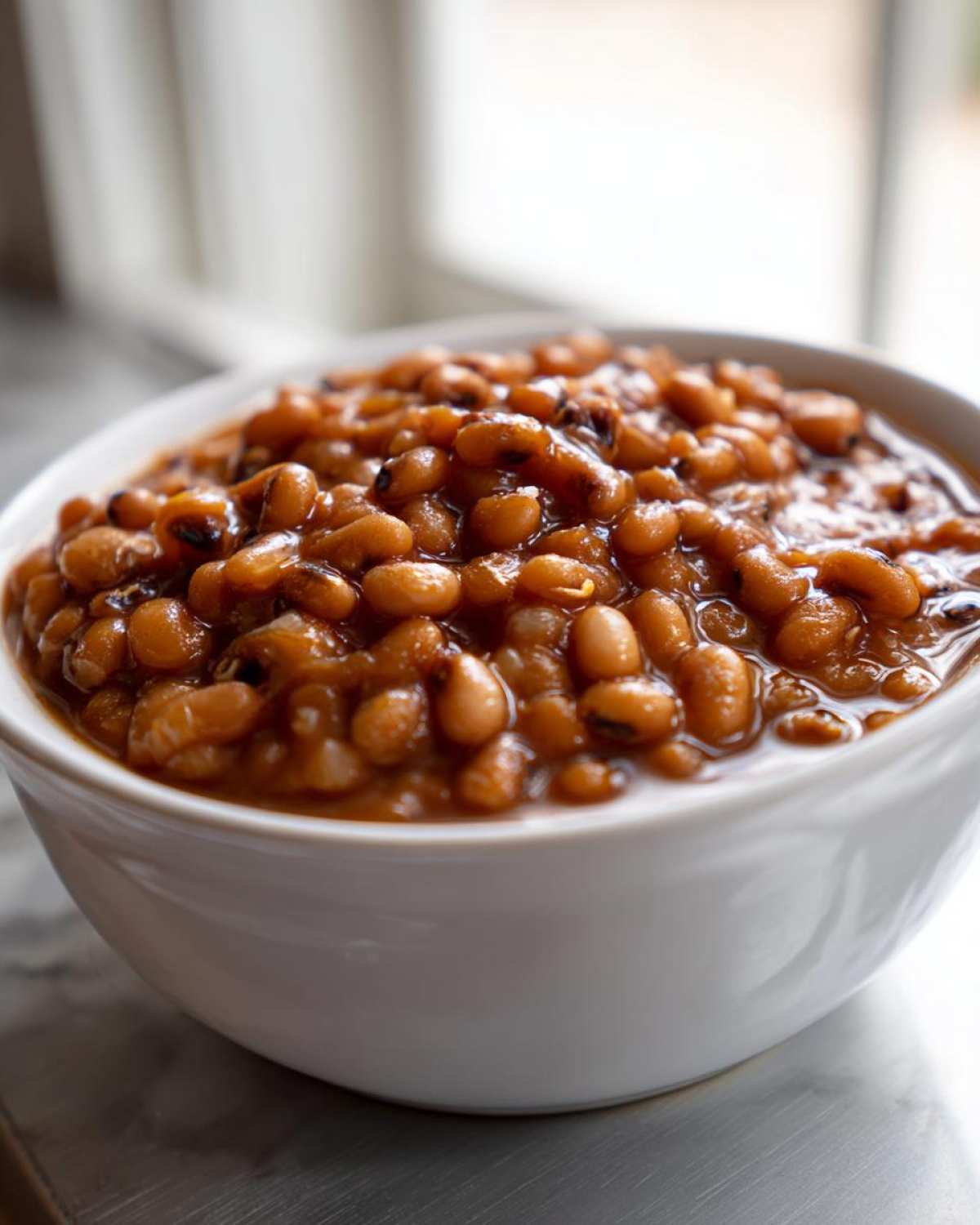 Close-up of a white bowl filled with rich, saucy black eyed peas, ready to serve.