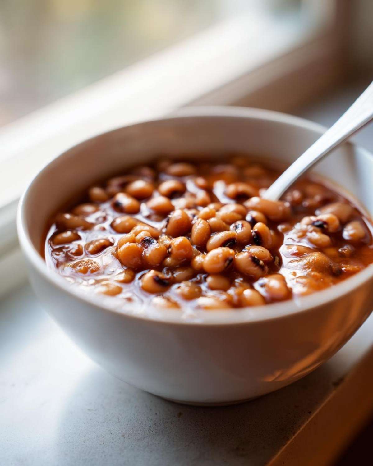 Close-up of a white bowl filled with saucy, smoky black eyed peas, with a spoon resting inside.