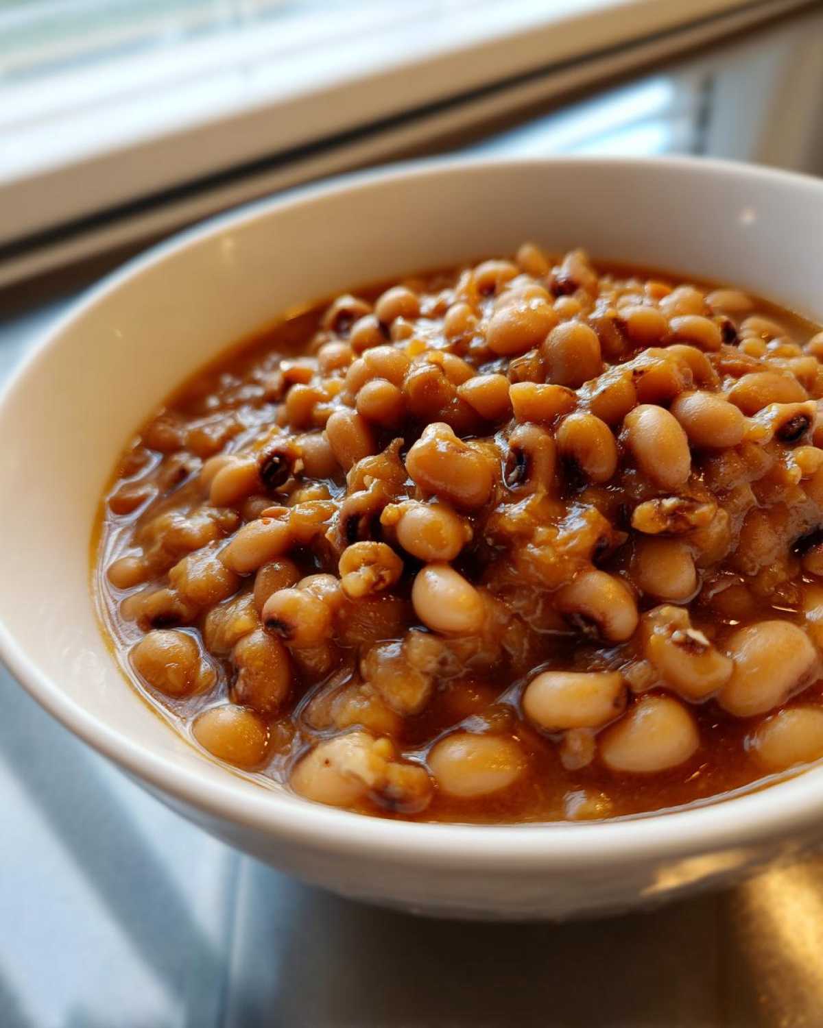 Close-up of a white bowl filled with rich, saucy black eyed peas, ready to eat.
