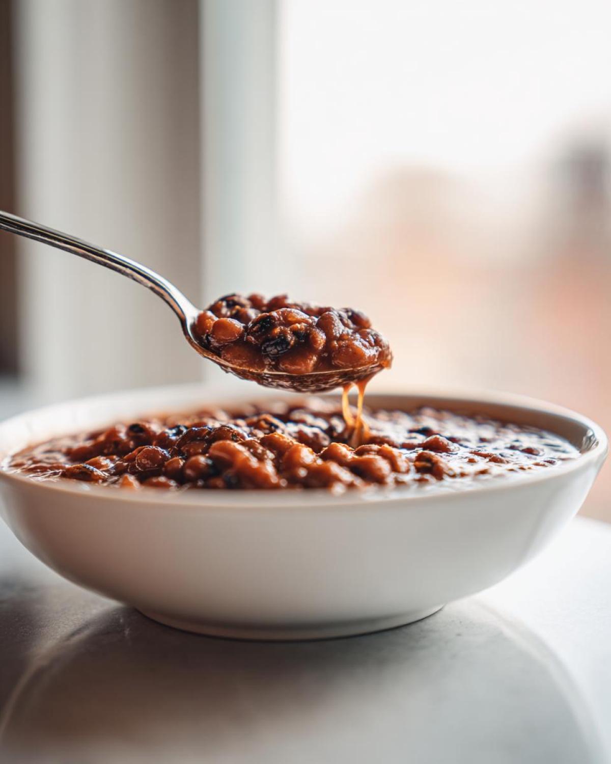 A spoonful of rich, smoky black eyed peas being lifted from a white bowl.