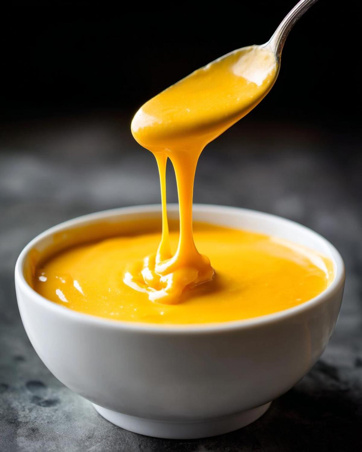 A spoonful of vibrant, smooth beer cheese dip dripping back into a white bowl.