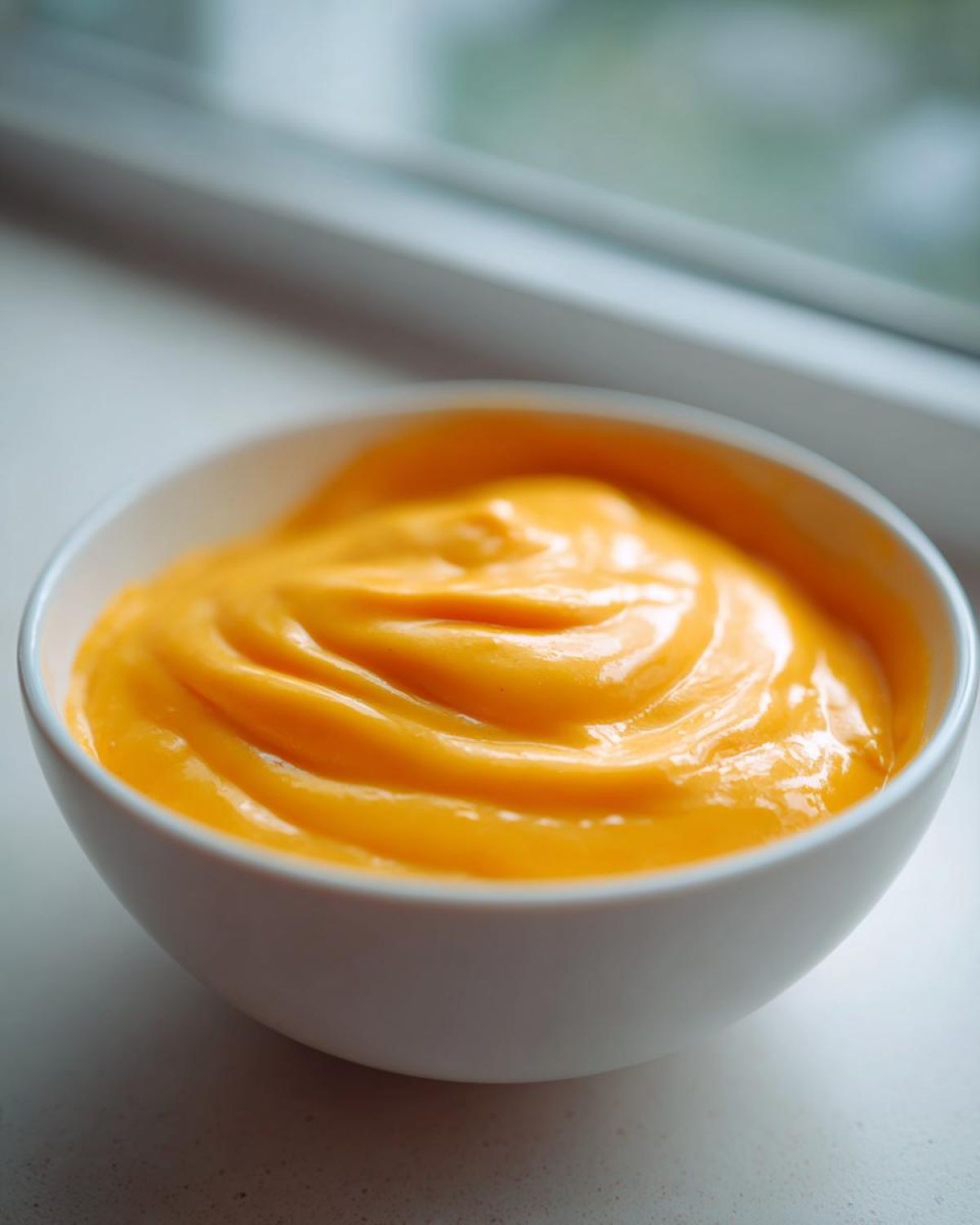 Close-up of a small white bowl filled with thick, vibrant orange nacho cheese sauce.