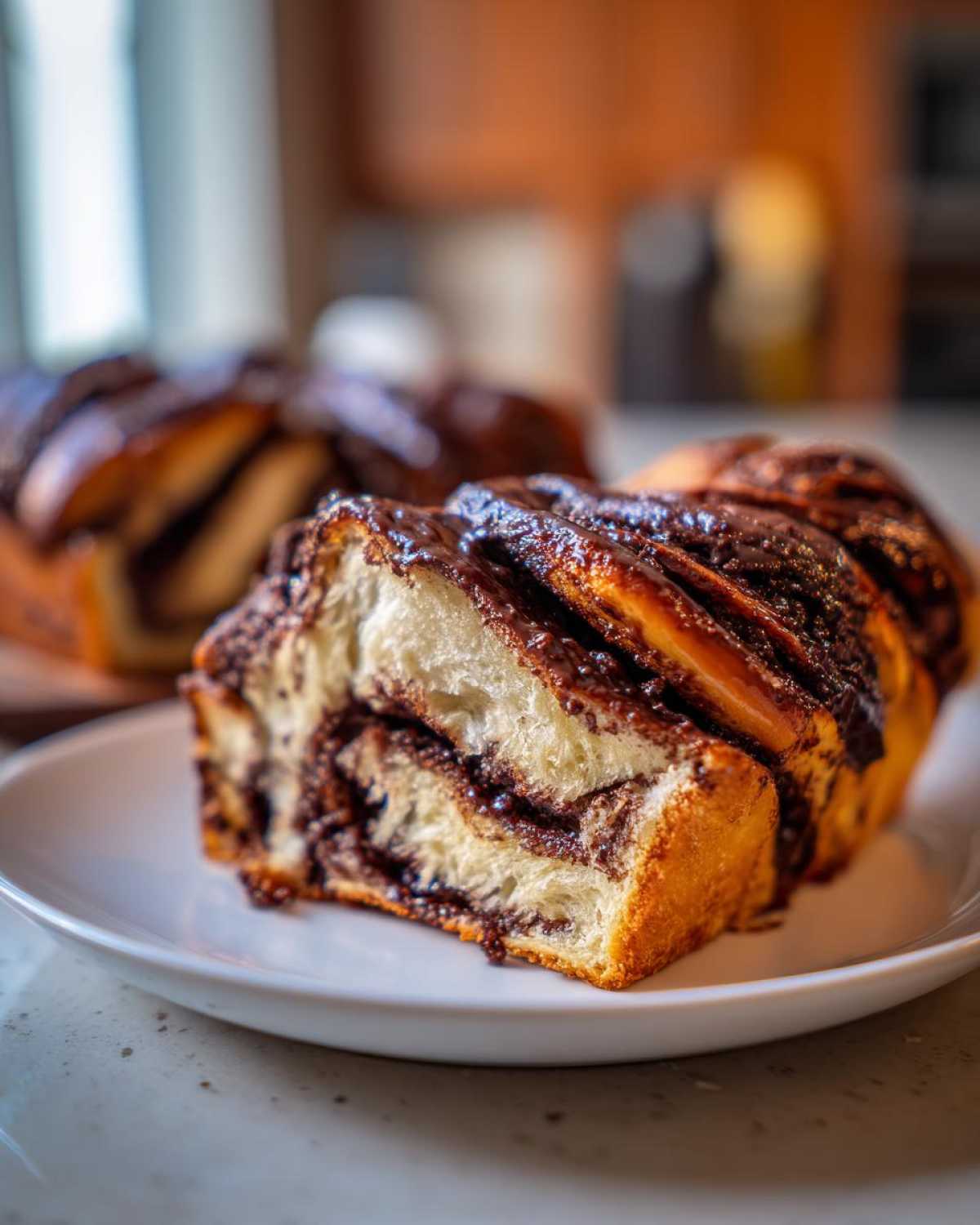 Close-up of a soft slice of chocolate babka showing swirled layers of dough and rich chocolate filling on a white plate.